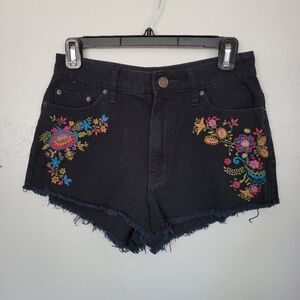 BDG High Rise Dree Cheeky Shorts 27 Black Frayed Hem Colorful Floral Embroidery